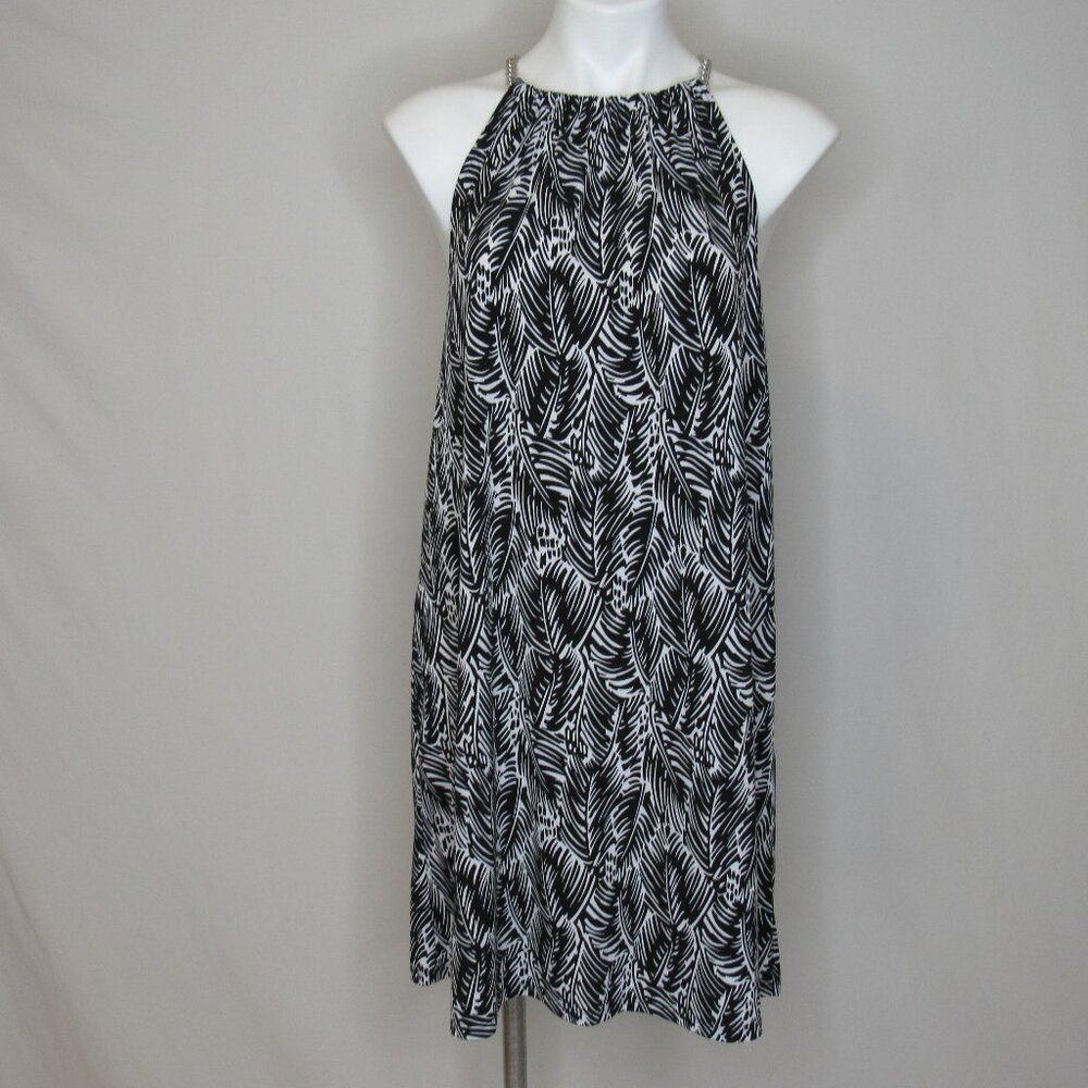 MICHAEL Michael Kors Chain Neck Shift Dress Black White Print Women's M Medium